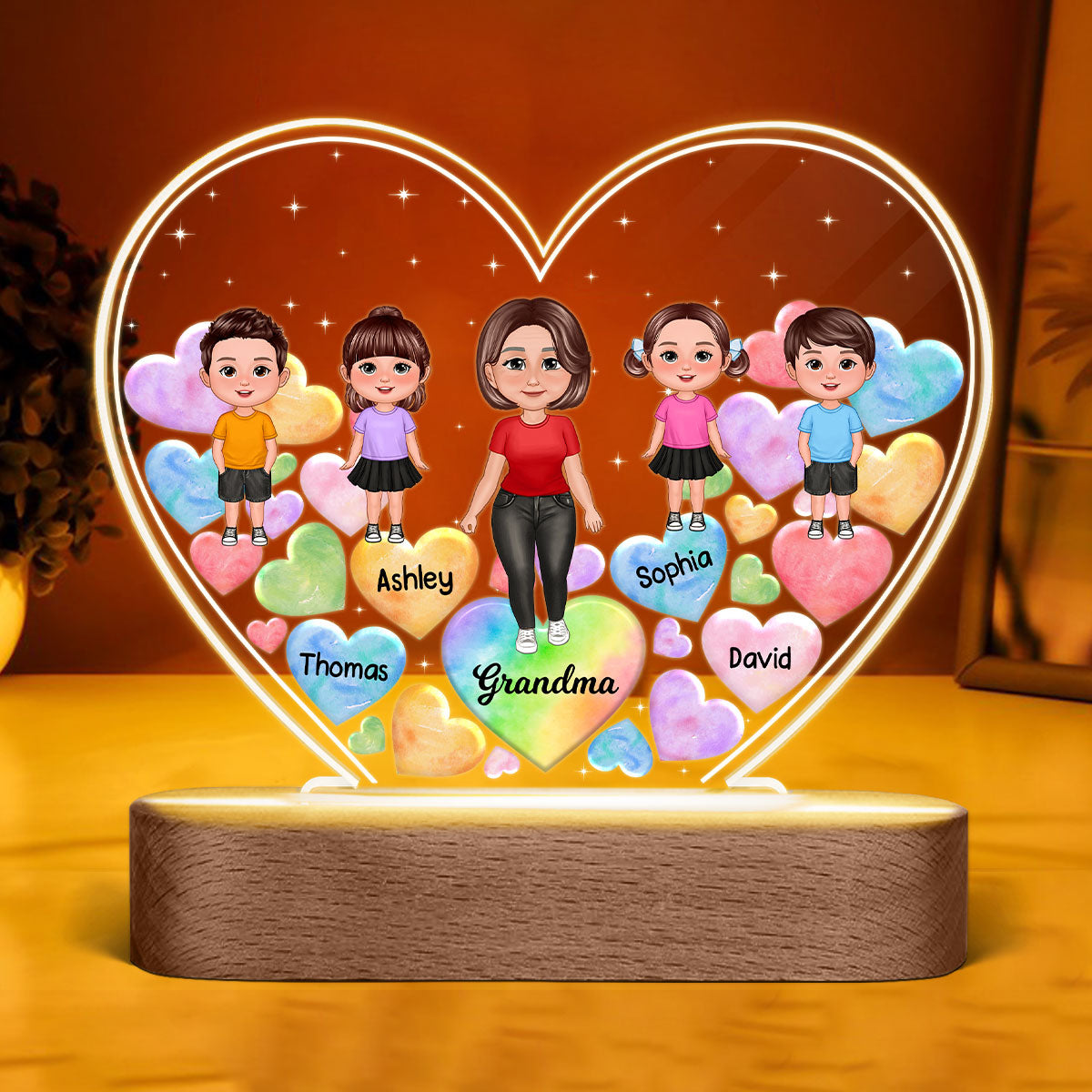Grandma Mom Standing Doll Hearts In Heart Personalized Heart Acrylic LED Night Light