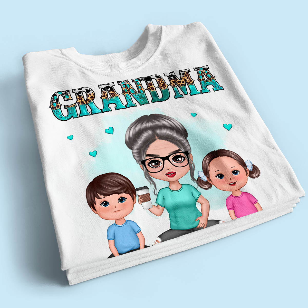 Teal And Leopard Doll Grandma And Grandkids Sitting Personalized Shirt
