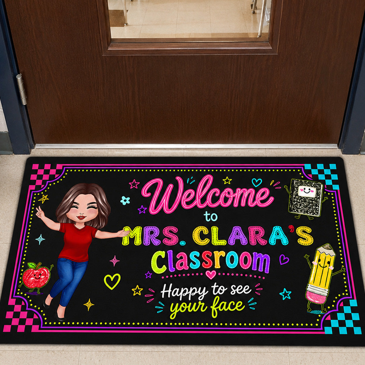 Happy To See Your Face Happy Teacher Preppy Neon Theme - Personalized Doormat - Classroom Students Welcome Decor