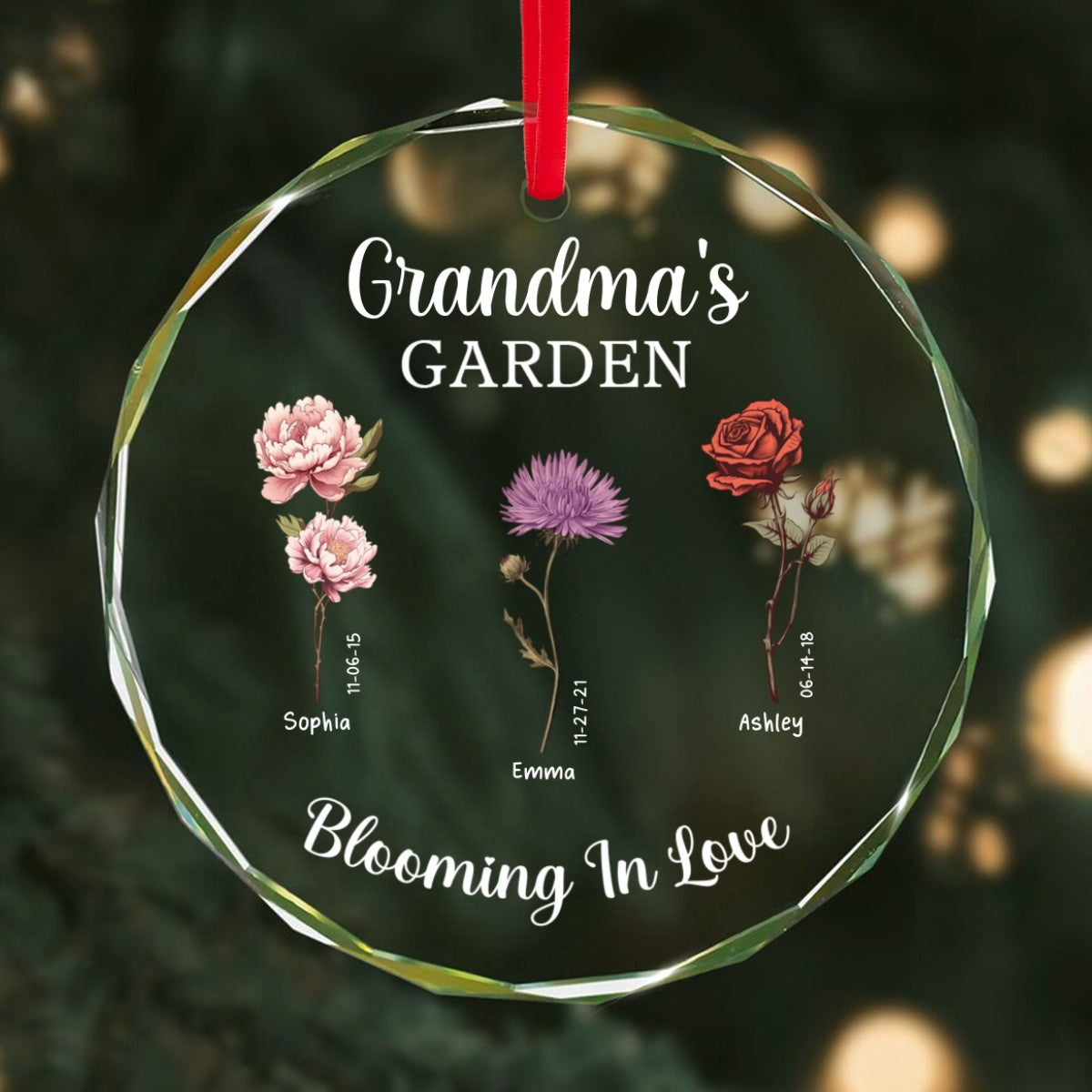 Grandma's Garden Blooming In Love Personalized Glass Ornament, Christmas Gift For Grandma Granddaughter Grandson