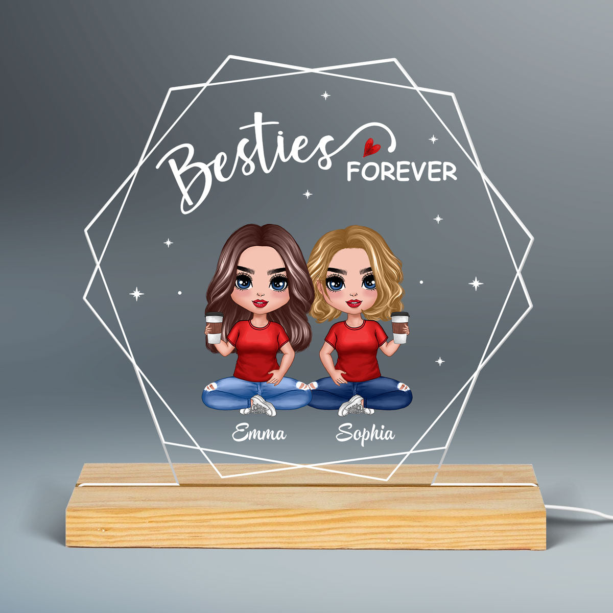 Hexagon Frame Doll Besties Sisters Sitting Personalized Custom Shape Acrylic Plaque With LED Night Light