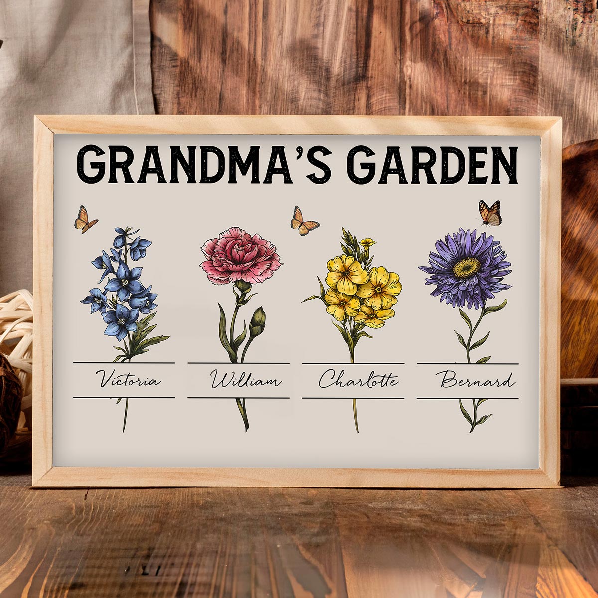 Gift For Grandma Grandma‘s Garden Beautiful Vintage Birth Month Flower With Names Personalized Horizontal Poster