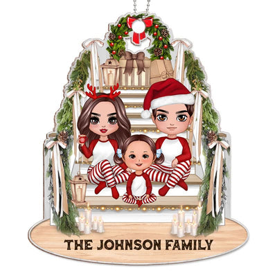 Pajamas Doll Family Sitting On Christmas Stair Personalized Wooden Ornament