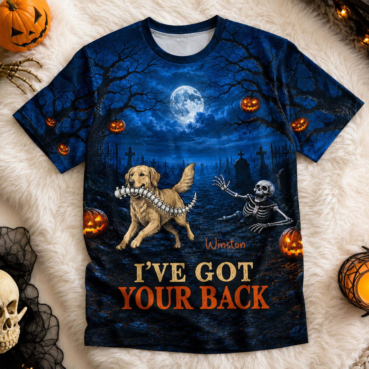 Whimsical Blue Theme I've Got Your Back Dog Stealing Backbone From Your Photo - Personalized 3D Shirt - Funny Halloween Costume For Dog Lovers
