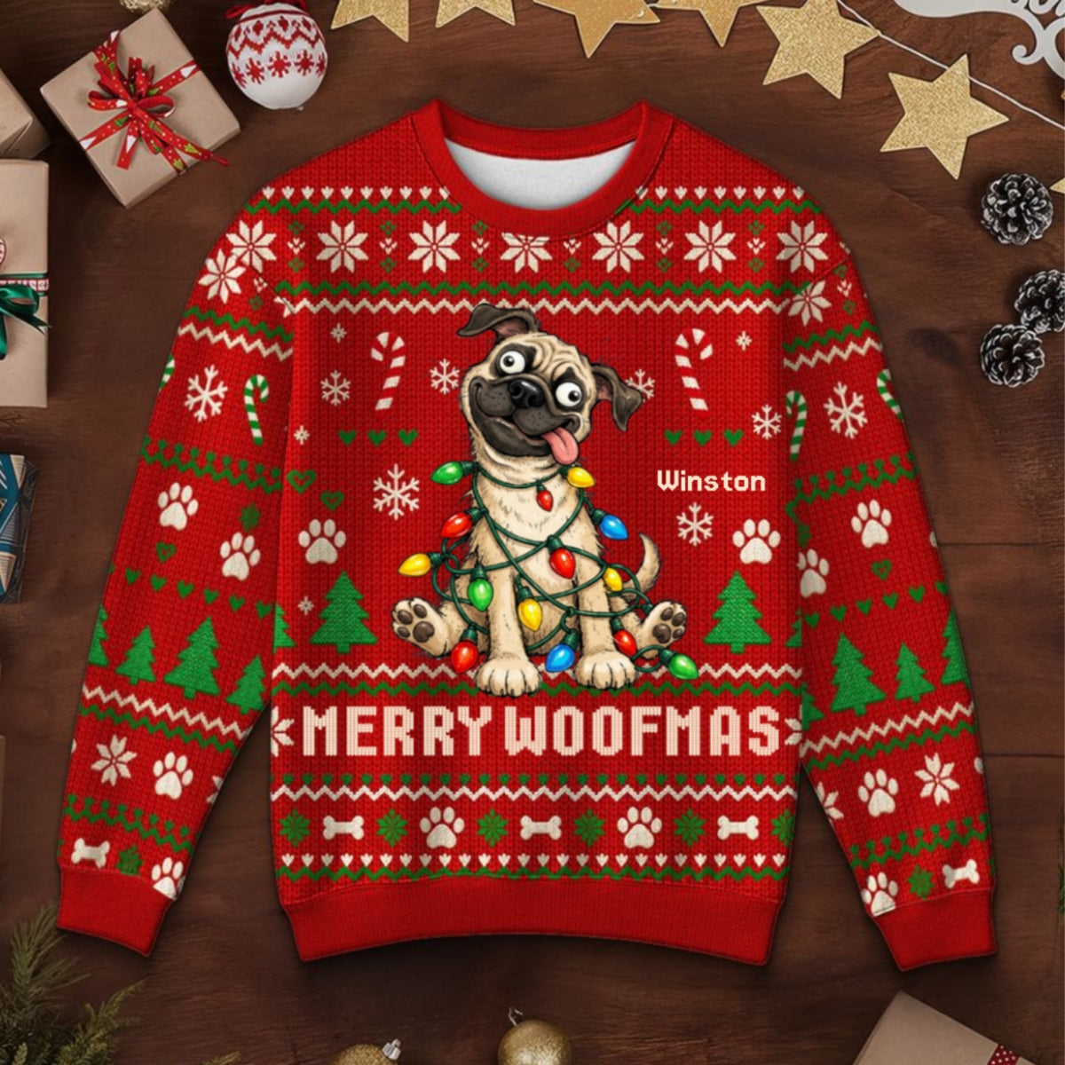 Custom Pet Portrait Quirky Silly Dog - Personalized Faux Knitted Ugly Sweater - Funny Christmas Gift For Dog Lover
