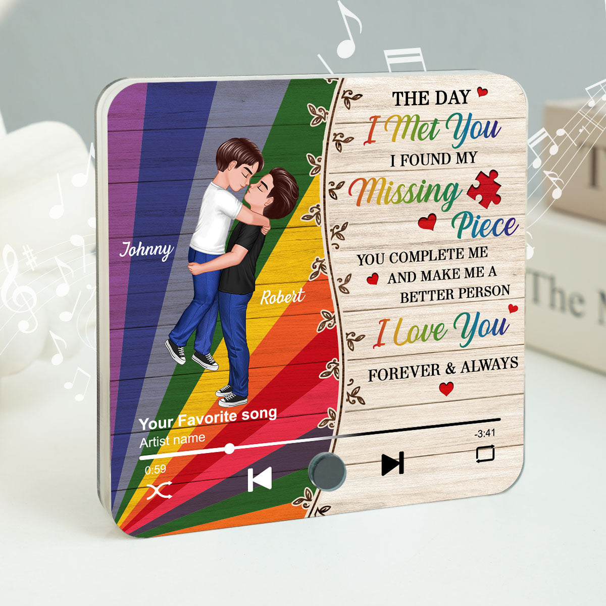 Colorful Wood Pallets The Day I Met You LGBTQ Couple Personalized Music Fridge Magnet, Pride Month Gift