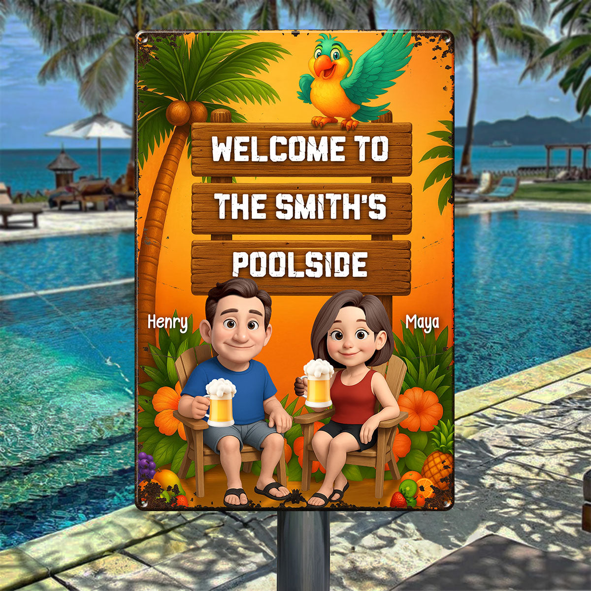 Welcome To Our Tiki Bar, Poolside, Backyard Bar, Hot Tub Personalized Metal Sign