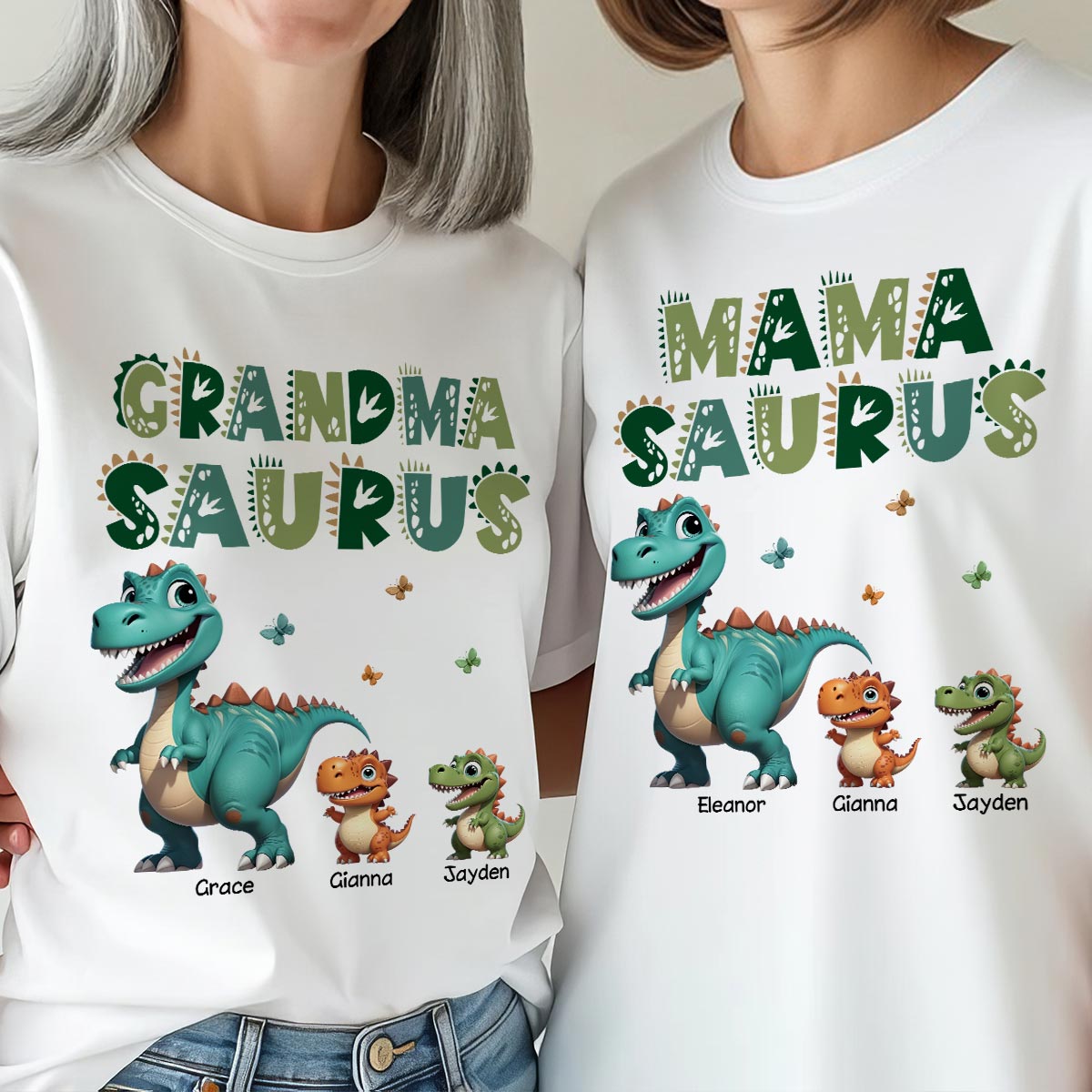 3D Effect Grandmasaurus And Mamasaurus Personalized Shirts [Set Of 2 Shirts]