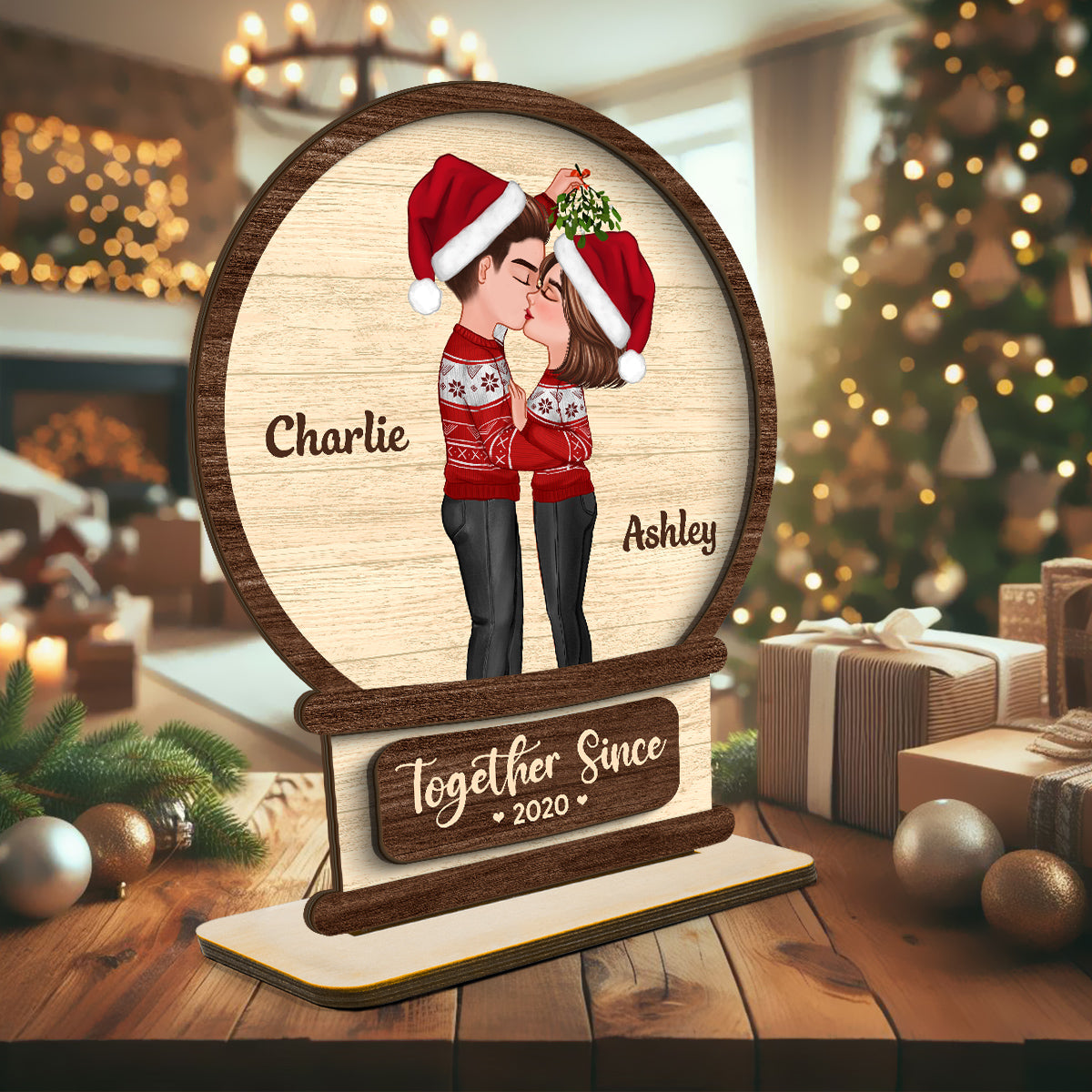 Couple Kissing In Snowball Personalized 2-Layer Standing Wooden Plaque, Christmas Gift For Him For Her