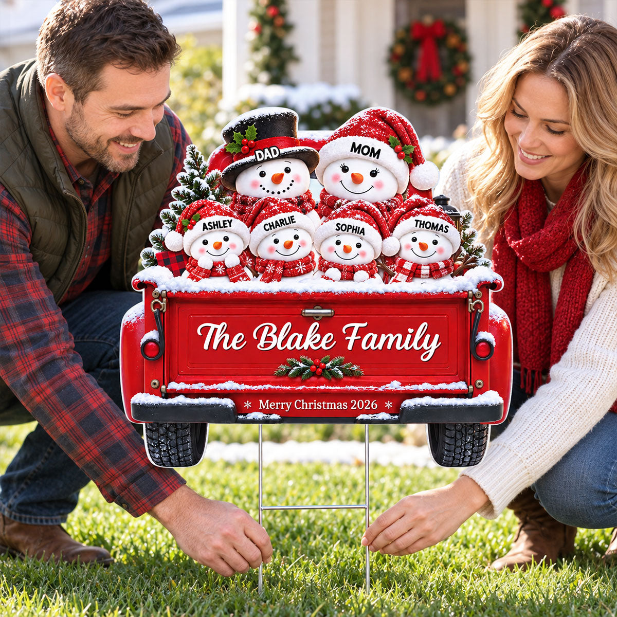 Christmas Cute Snowman Family On Truck 2D Flat Printed - Personalized Yard Sign - Christmas Decor For Family, Grandparents