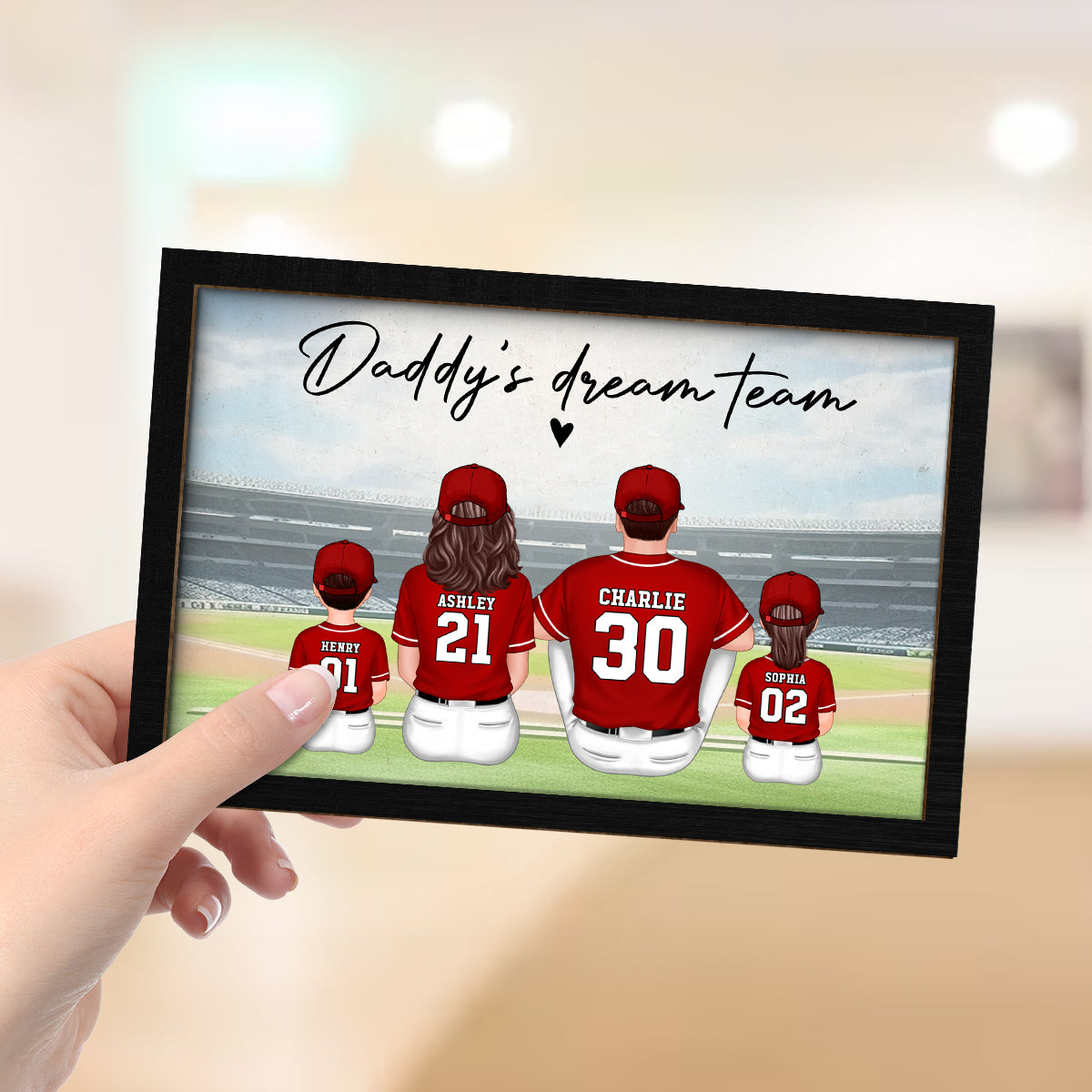 Daddy's Team Baseball Family Sitting Personalized 2-Layer Wooden Plaque, Father's Day Gift For Dad, Grandpa, Husband