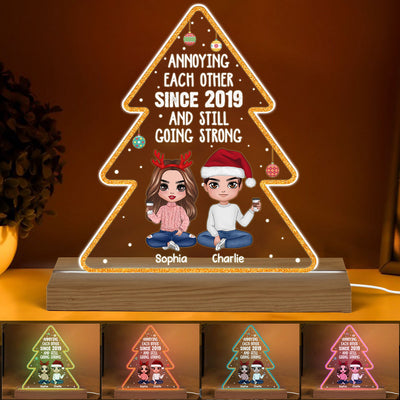 Doll Couple Sitting Annoying Each Other Since Personalized Christmas Tree Shaped Acrylic Plaque With LED Night Light