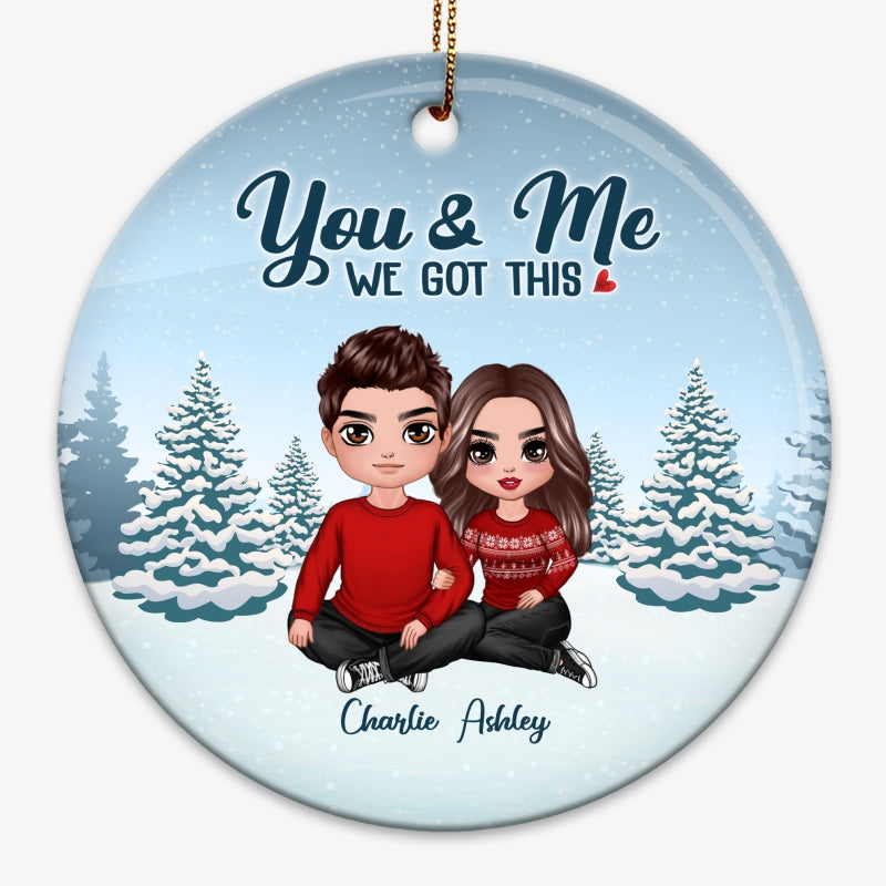 Embracing Couple Sitting In Snow Personalized Circle Ornament