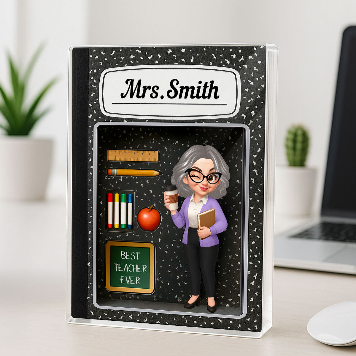 Teacher Inside Composition Book Pattern Box 3D Effect Personalized Acrylic Block, Back To School Gift