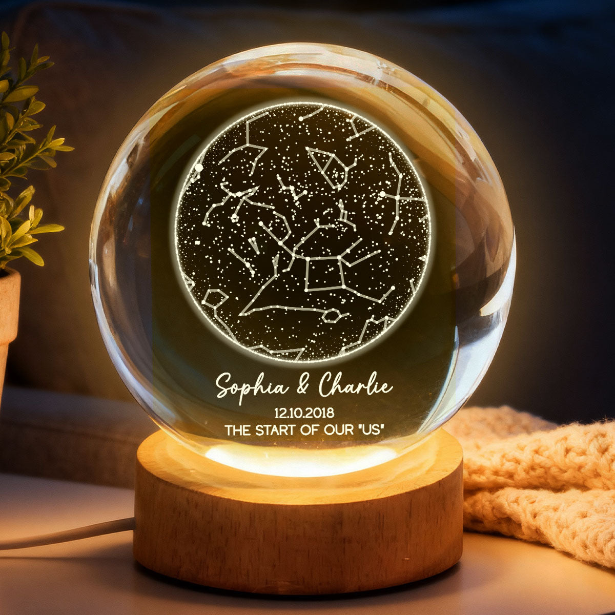 Custom Star Map by Date - Personalized Crystal Ball Night Light - Heartfelt Anniversary Gift, Valentine's Day Gift for Her, for Him