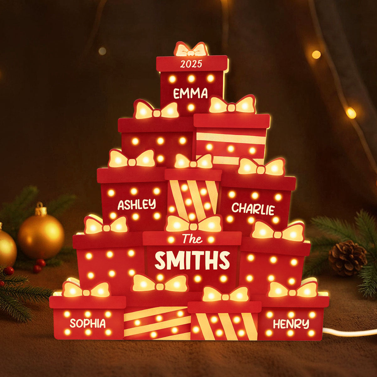 Christmas Family Gifts Box Marquee Effect Pattern Personalized Light Box, Christmas Decor