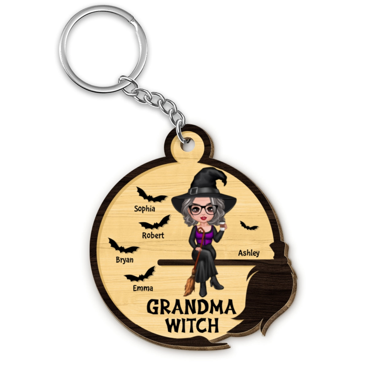 Grandma Mom Witch Broom Frame Halloween Personalized Wooden Keychain