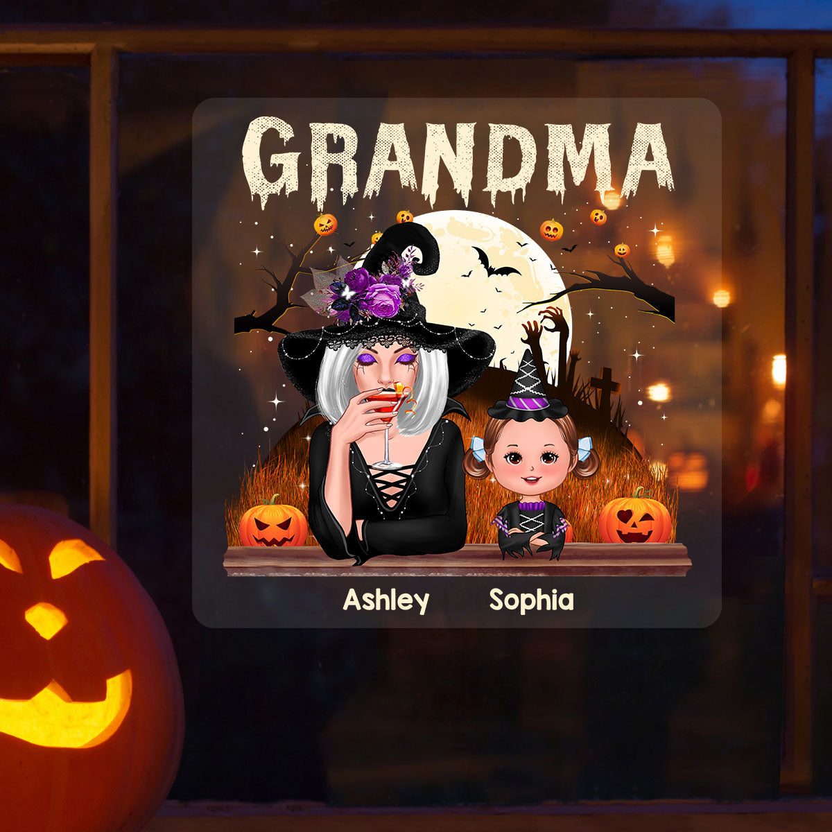 Grandma Mom And Kids Halloween Night Personalized Decal, Halloween Decor