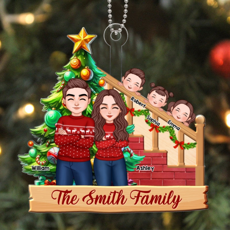 Cute Family Sitting By The Christmas Tree Personalized Acrylic Ornament
