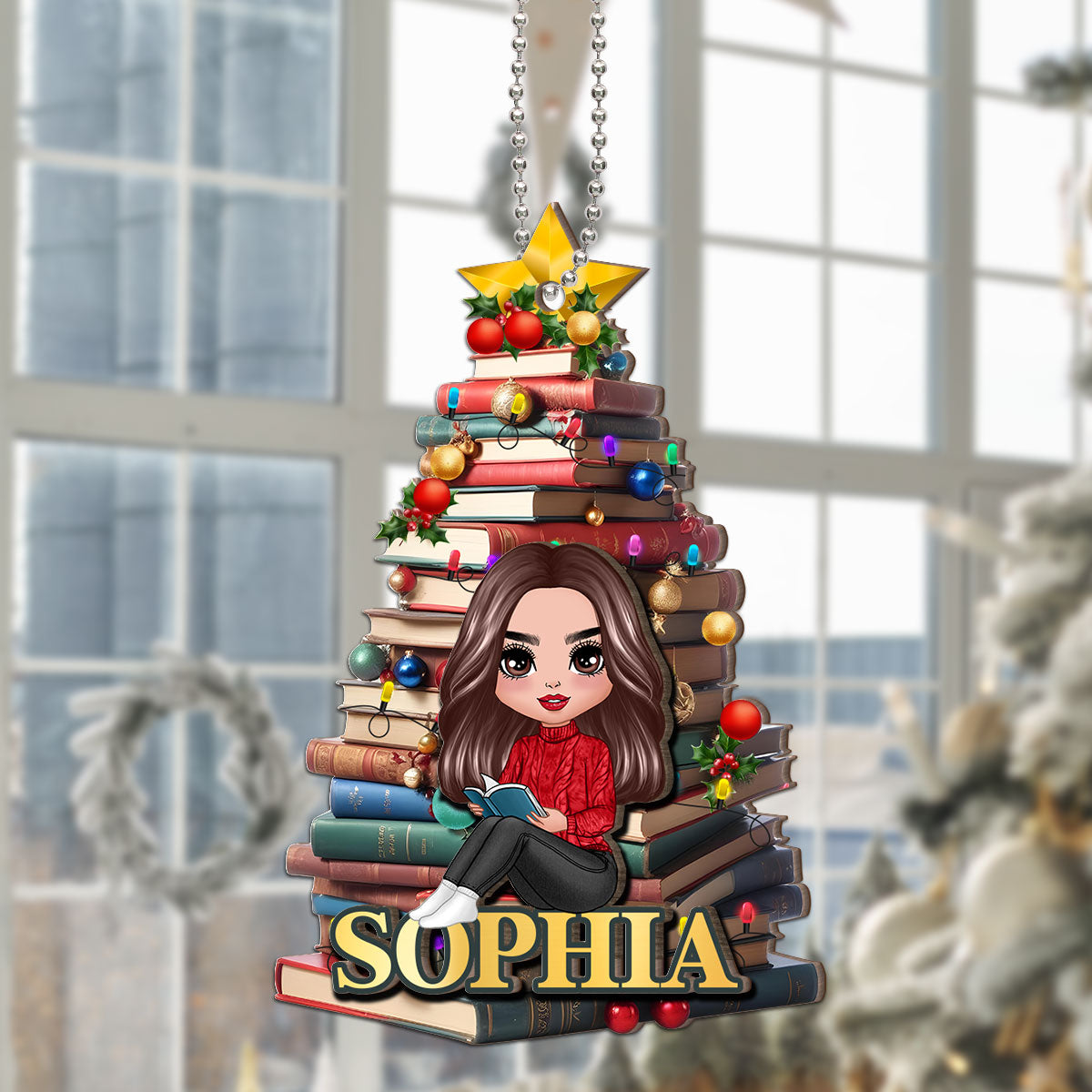 Christmas Book Tree Name Personalized 2-Layer Wooden Ornament, Book Lover Gift, Bookworm Gifts