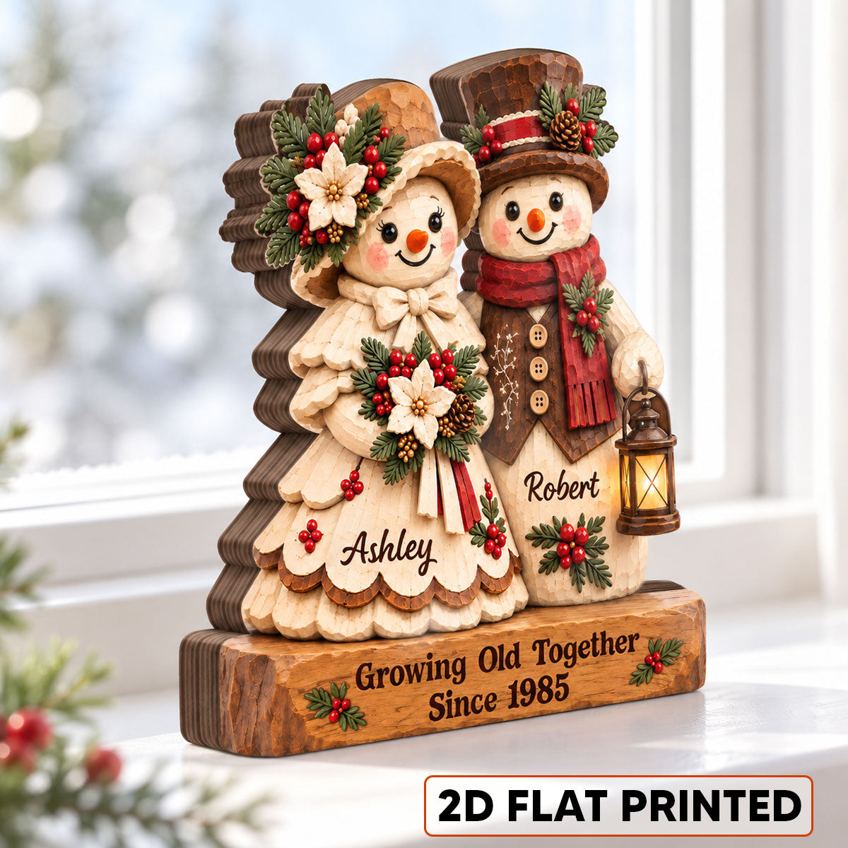 Retro Vintage Rustic Snowman Couple Cozy Christmas Vibe - Personalized Wooden Block Plaque - Christmas Gift For Couple
