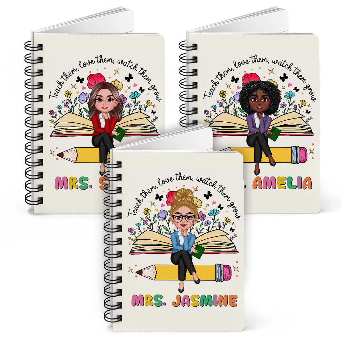 Teacher Teach Love Watch Them Grow Wildflowers Personalized Spiral Notebook Journal, Back To School Stationery