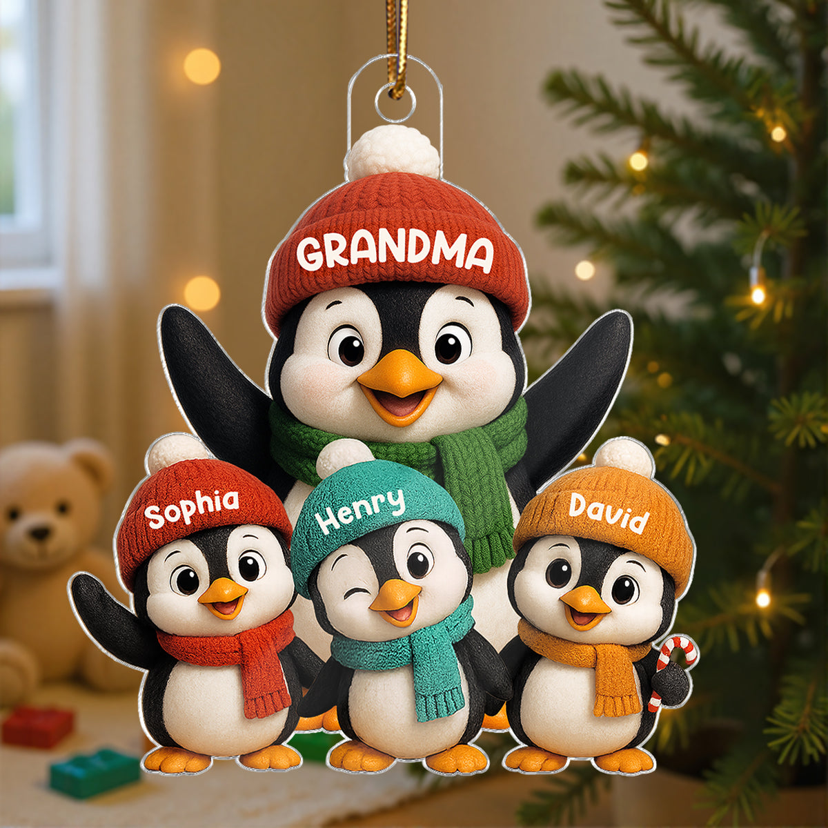 3D Effect Cute Christmas Penguins Grandma Grandkids - Personalized Acrylic Ornament