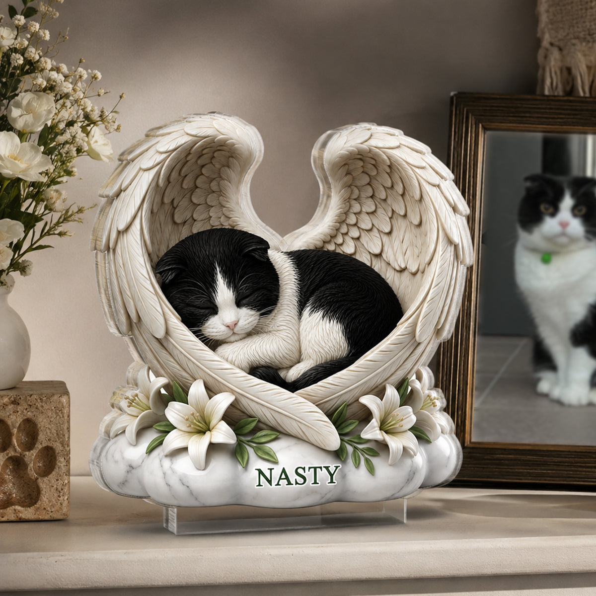 Custom Cat Angel Wings Statue - Personalized Acrylic Block Plaque - Heartfelt Pet Memorial Gift