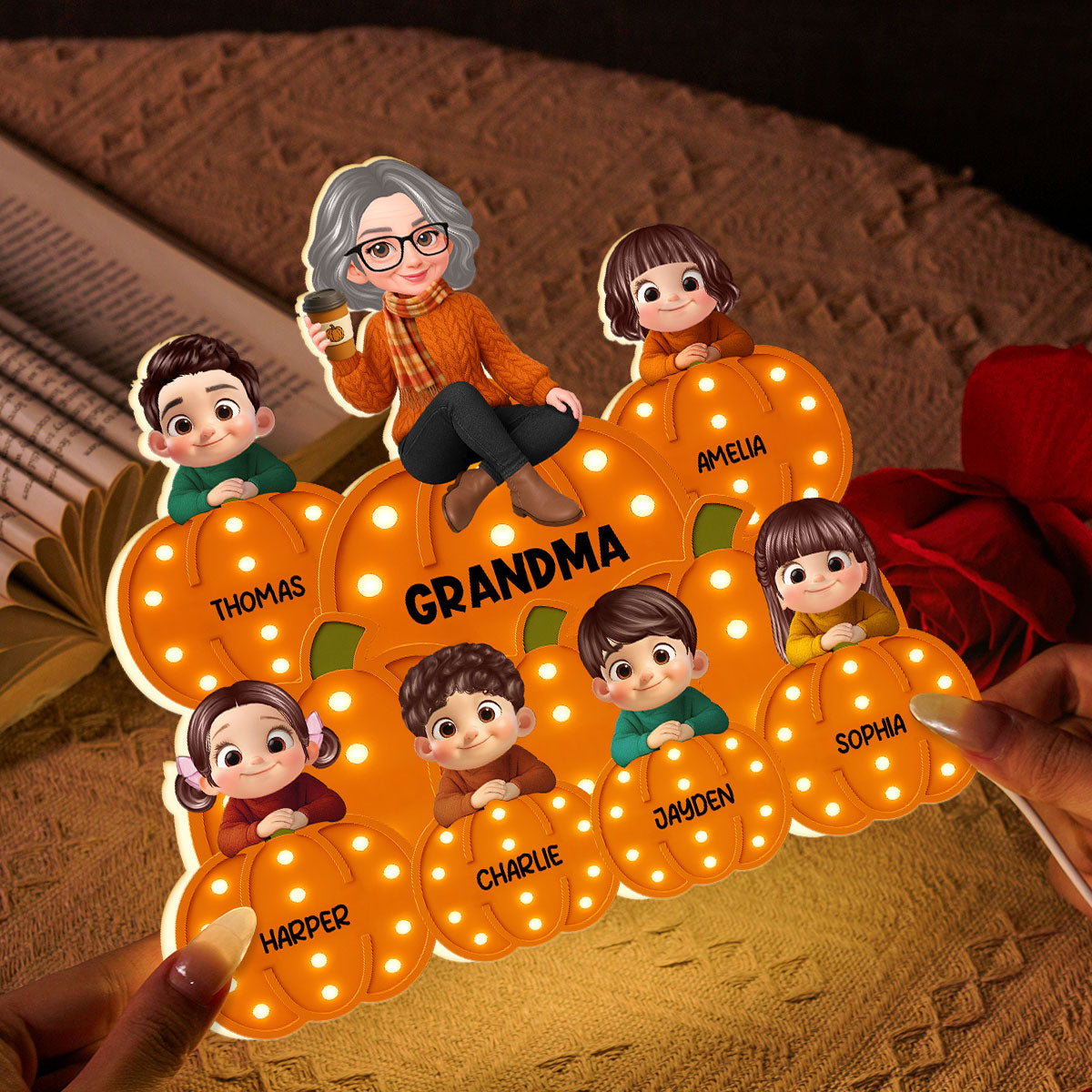 Fall Season Grandma Grandkids On Marquee Pattern Texture Pumpkins Personalized LED Light Box