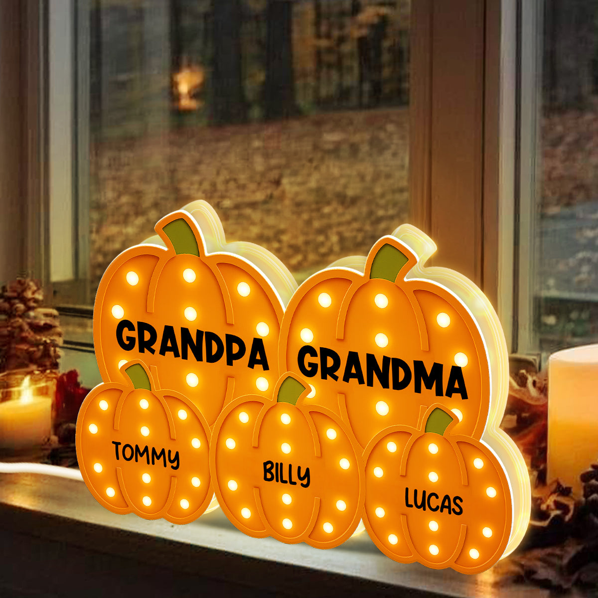 3D Effect Grandma Grandpa Grandkids Pumpkin Patch Marquee Pattern - Personalized Light Box - Cozy Fall Home Decor