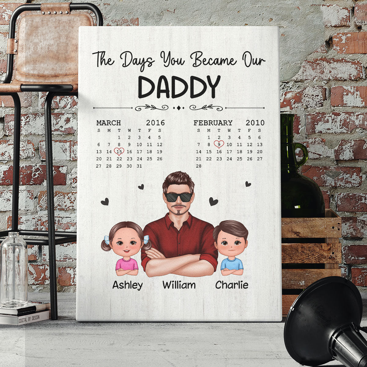 The Days You Became Our Dad Man & Doll Kids Calendar Personalized Vertical Canvas Print