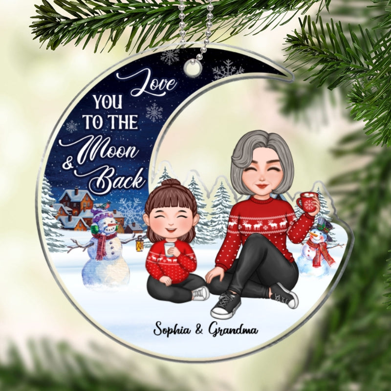 Love To The Moon Christmas Night Landscape Cute Grandma & Grandkid Personalized Acrylic Ornament