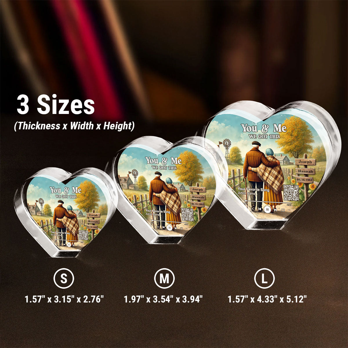 Couple Growing Old Together Favorite Song Scannable QR Code Personalized Premium Crystal Heart LED, Free Shipping Included