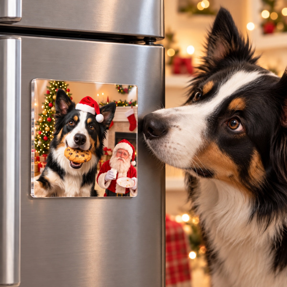 Dog Cat Steal Cookie From Santa Upload Pet Photo - Personalized Acrylic Fridge Magnet - Funny Christmas Gift For Dog Lovers, Cat Lovers, Pet Lovers