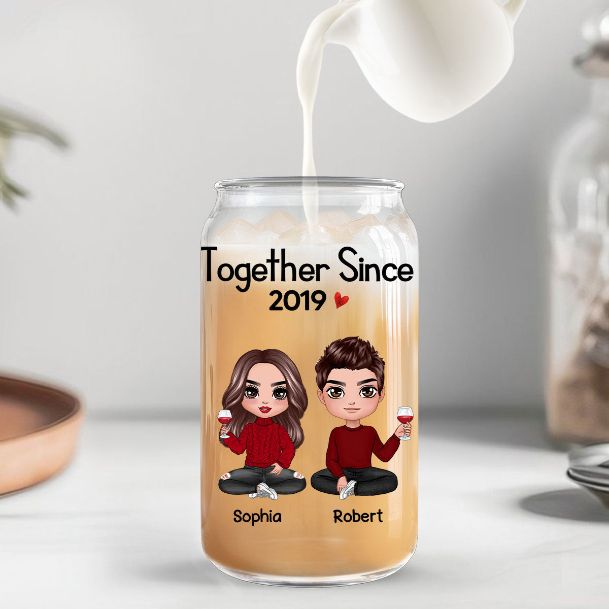 Doll Couple Sitting Anniversary Gift For Couples Personalized Clear Glass Can