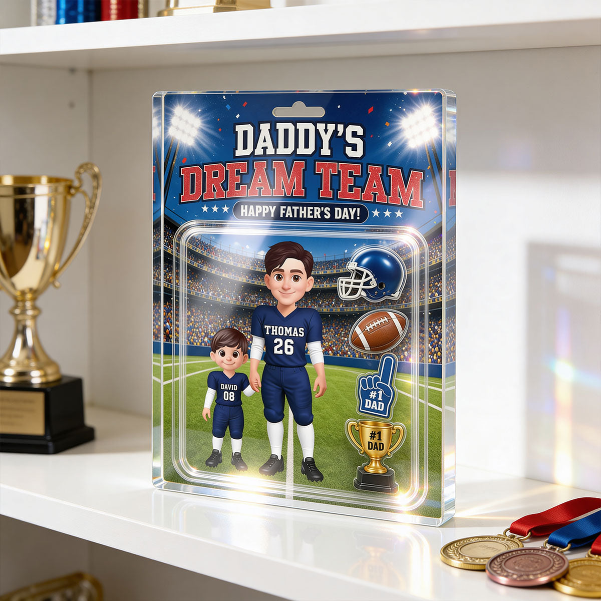 American Football Dad Daddy's Dream Team - Personalized Acrylic Block Plaque - Father's Day Gift For Football Dad, Husband