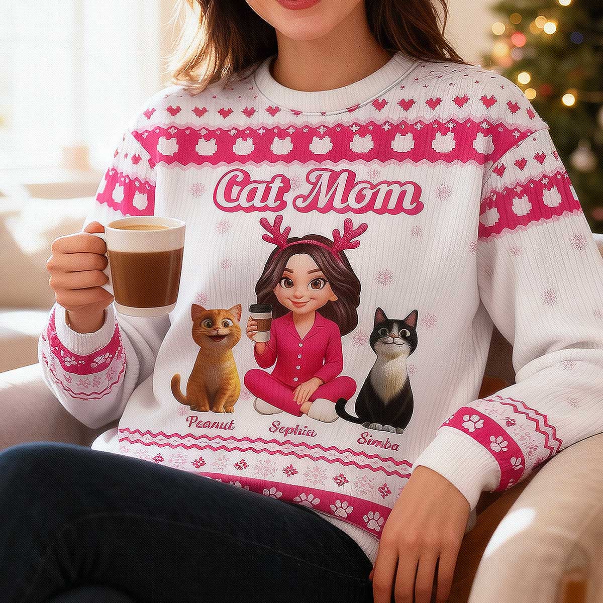 Christmas Pink Tone Cat Mom Faux Knitting Personalized Ugly Sweater