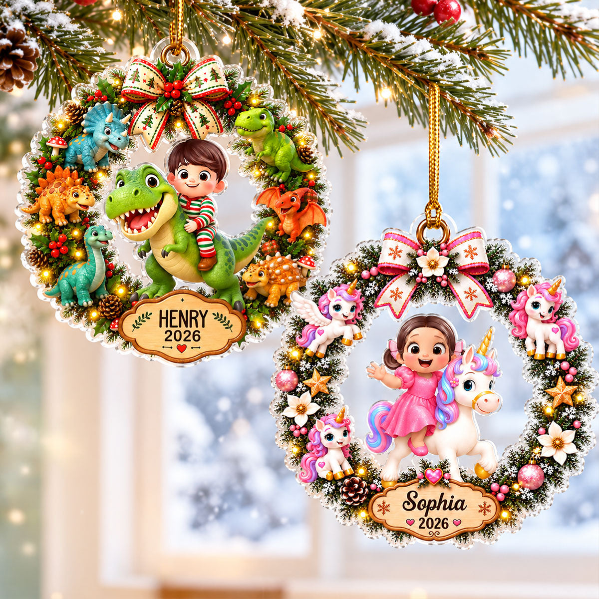 2026 Cute Cartoon Kid With Dinosaur Unicorn - Personalized Acrylic Ornament - Christmas Gift For Boys, Girls