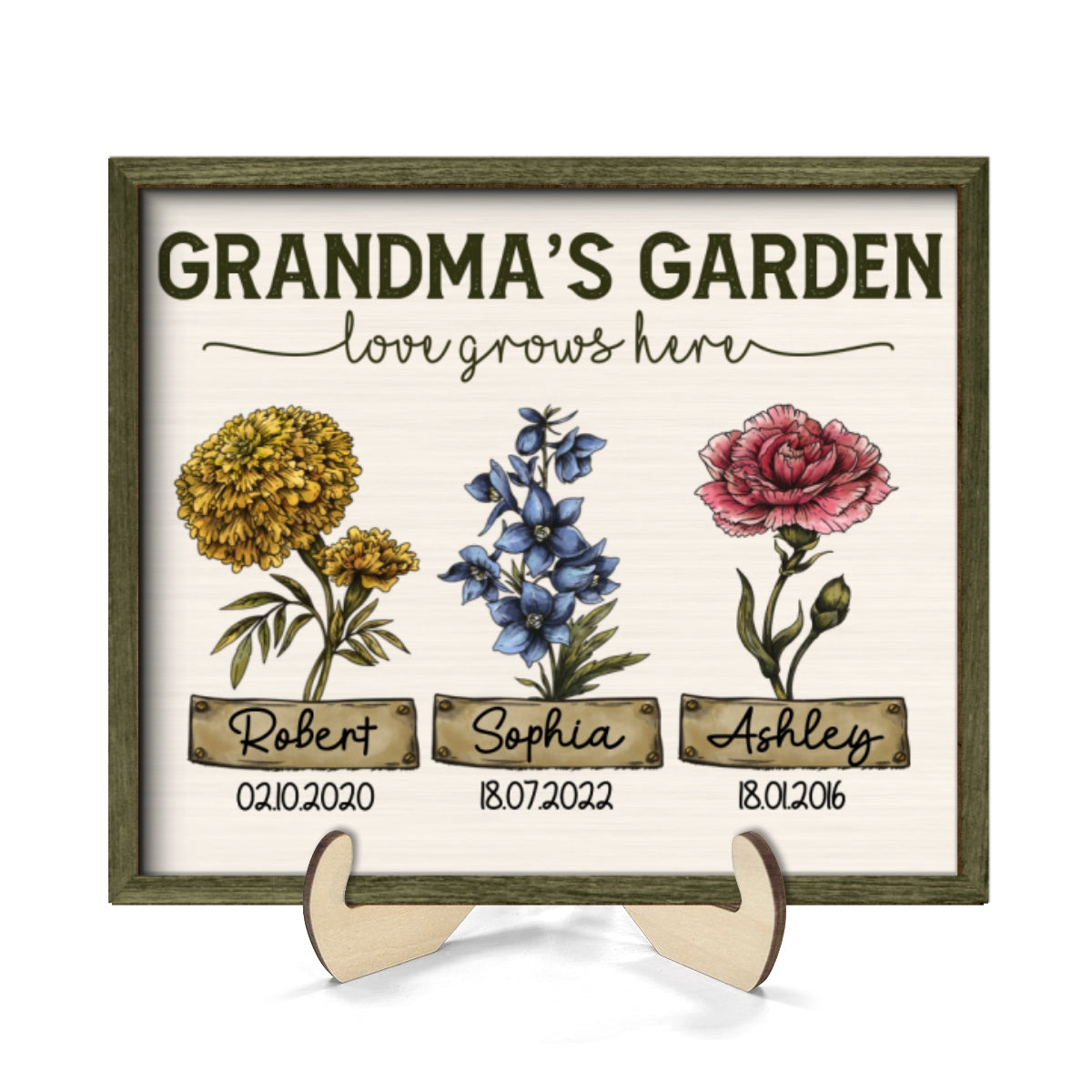 Grandma‘s Garden Love Grows Here Vintage Birth Month Flower Personalized 2-Layer Wooden Plaque
