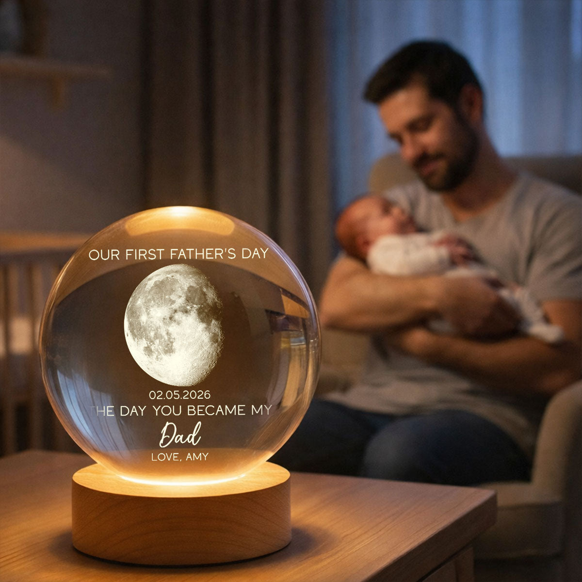 The Day You Became My Dad Custom Moon Phase First Father's Day - Personalized Crystal Ball LED Night Light - First Father's Day Gift For New Dad