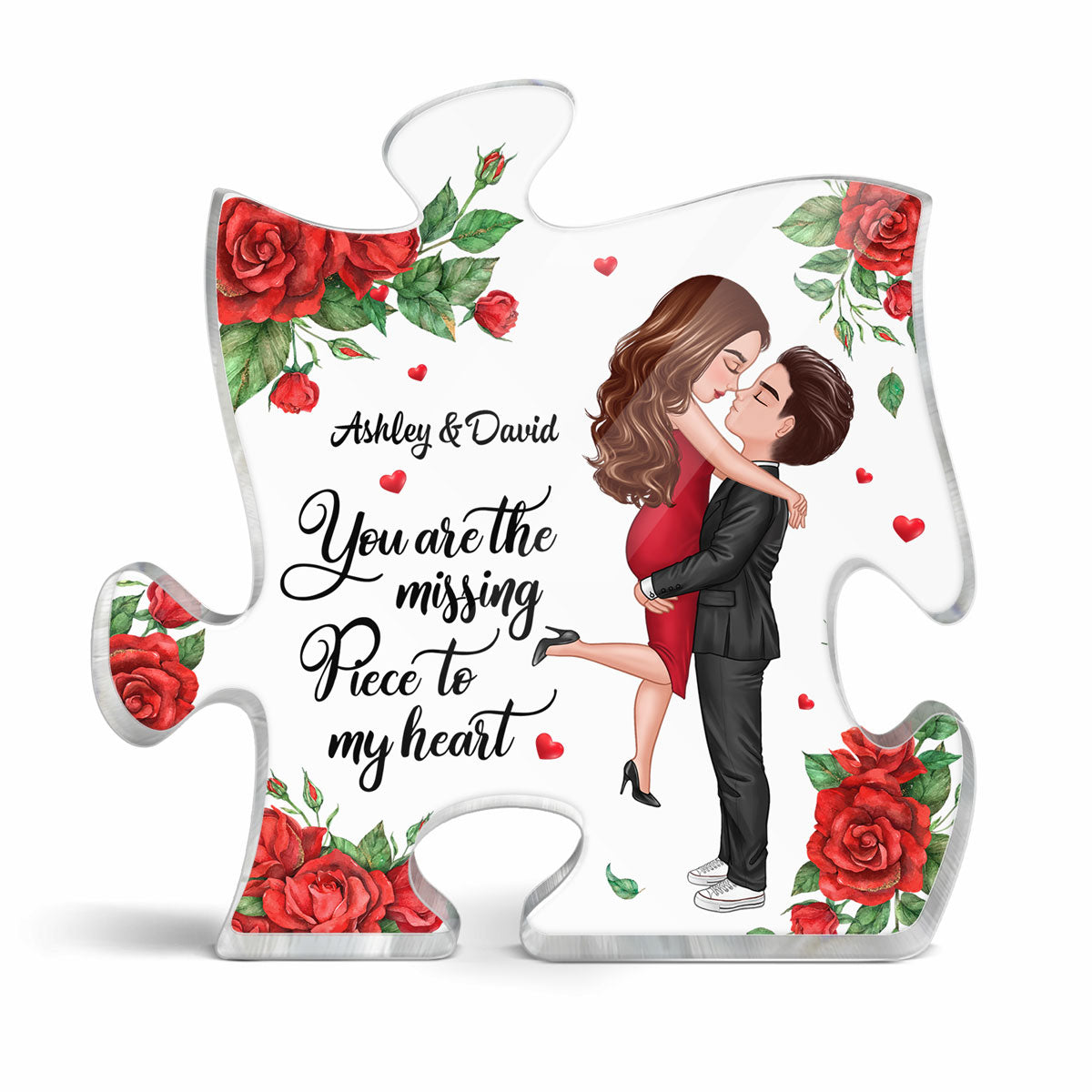 The Missing Piece To My Heart Kissing Couple Rose Pattern Personalized Puzzle Acrylic Plaque - Anniversary Gift For Couple - Gift For Him Gift For Her