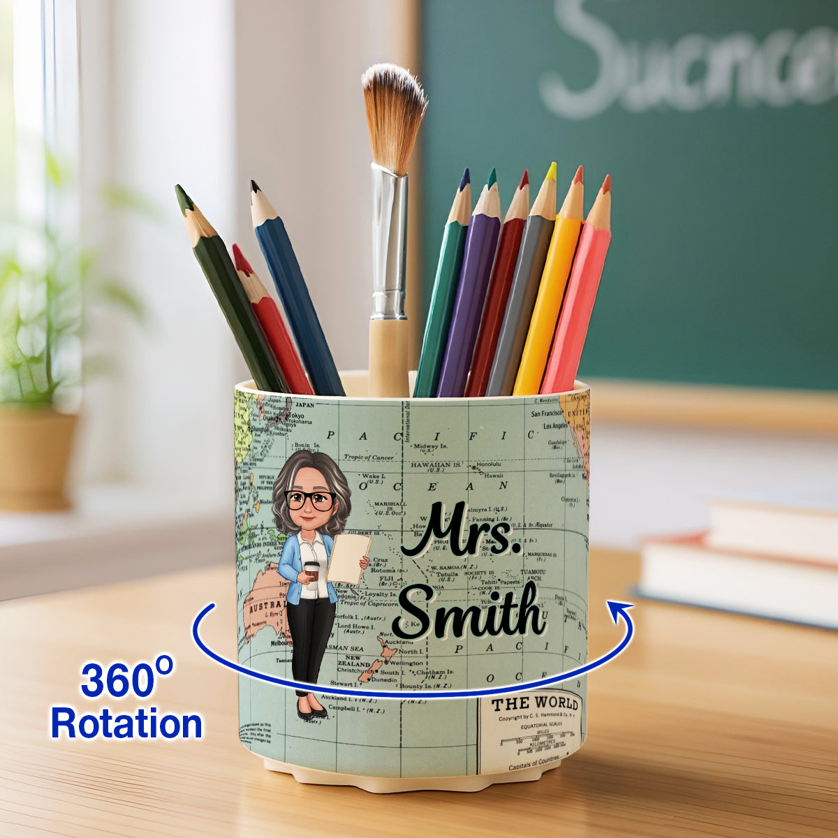 World Map Adventure Themed Doll Teacher Personalized Rotating Pen Holder