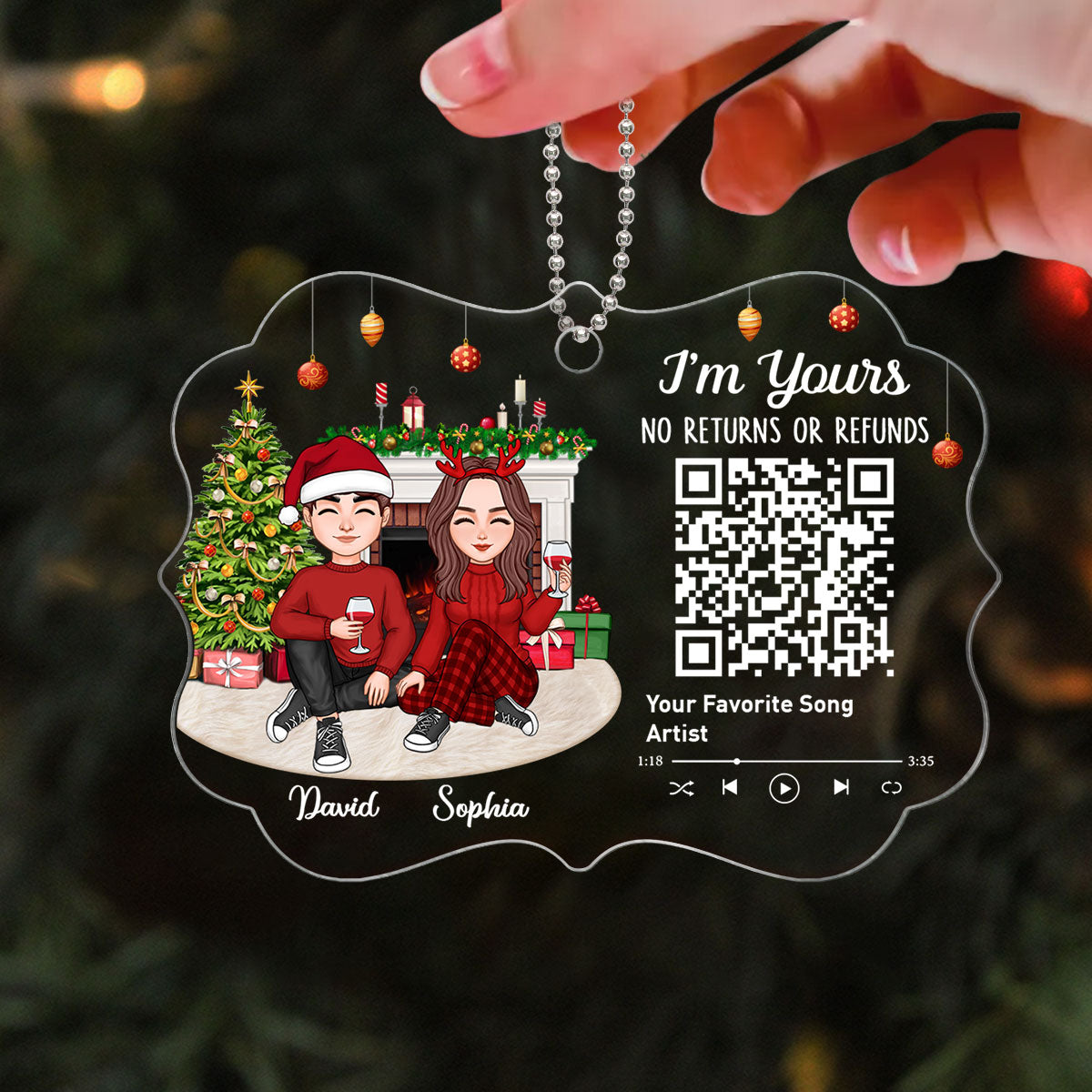 Cute Couple Sitting In House Favorite Song Scannable QR Code Christmas Personalized Christmas Ornament