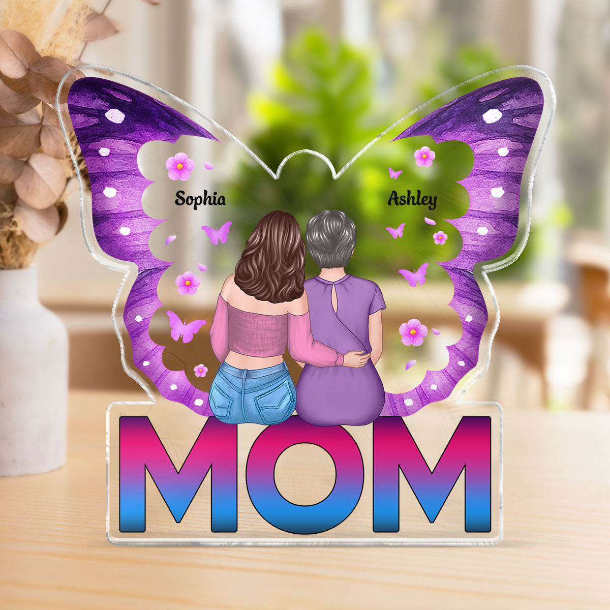 MOM Butterfly Sitting Back View Personalized Acrylic Block, Gift for Mom
