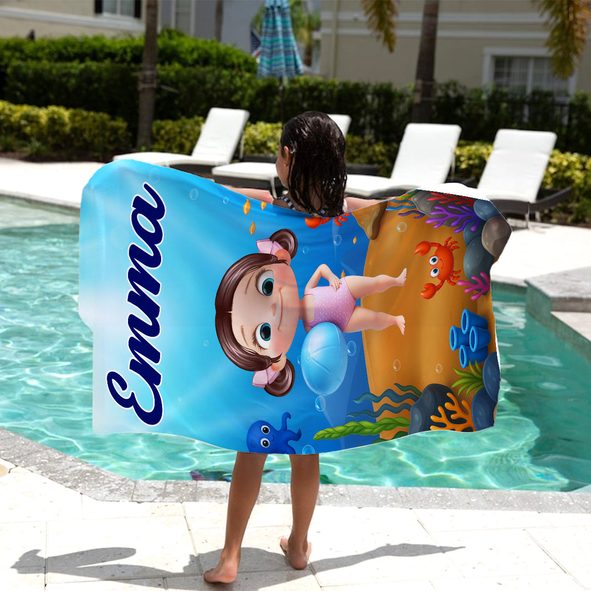 Personalized Cute Cartoon Kids Ocean Beach Towel, Fun Beach Designs, Gift For Girls Or Boys