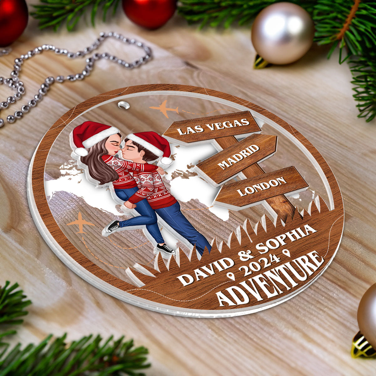 Adventure Kissing Couple Personalized 2-Layer Acrylic Ornament, Christmas Gift For Couple, Gift For Travelers