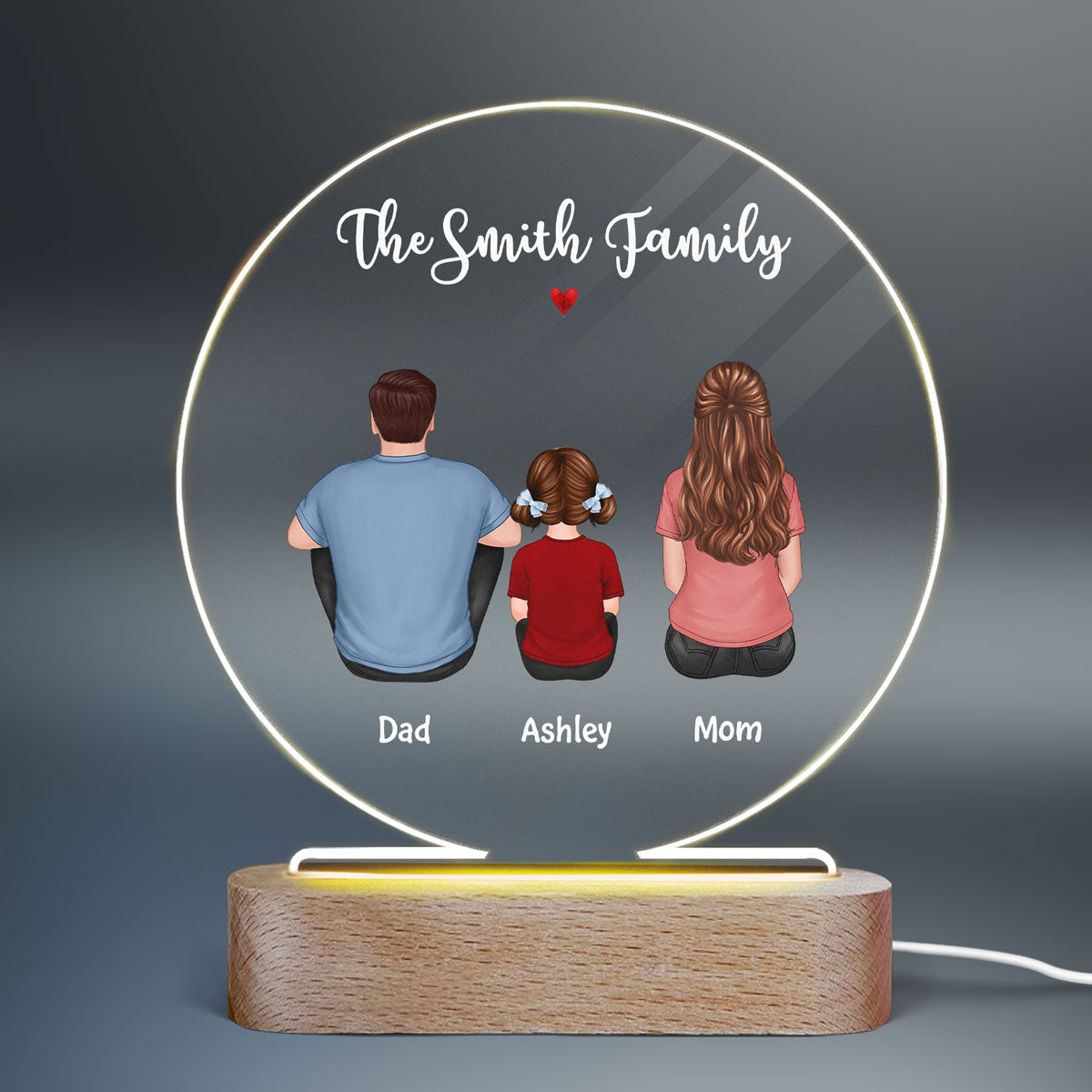 Whole Back View Family Couple Dad Mom Kids Dogs Cats Personalized Circle Acrylic Plaque LED Lamp Night Light