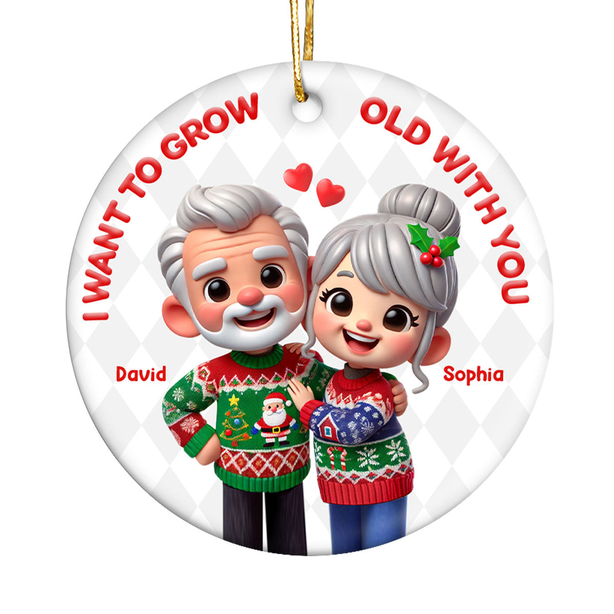 Funny Cartoon Couple I Want To Grow Old With You Christmas Personalized Ceramic Ornament