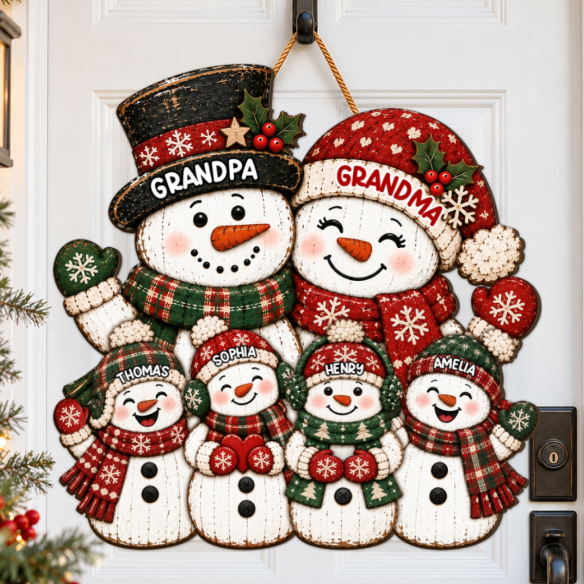 Festive Snowman Grandpa Grandma Grandkids - Personalized Wood Sign - Christmas Decor For Grandparents