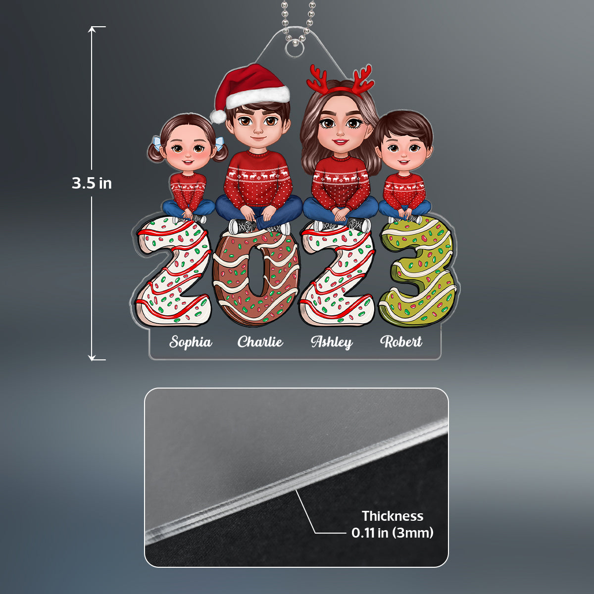 Family Crossed Legs Sitting Dad Mom Kids Dogs Cats Gingerbread 2023 Personalized Acrylic Ornament